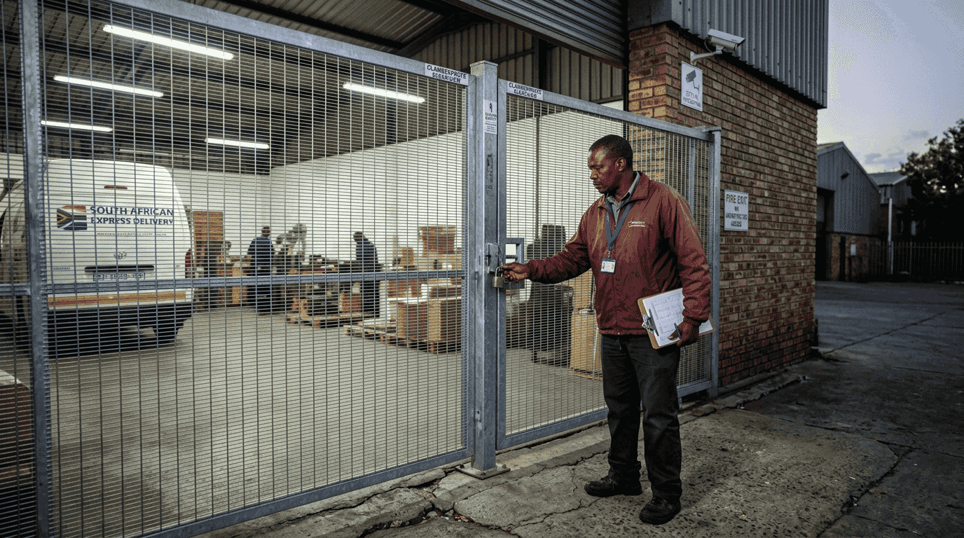 Manager inspecting clear view mesh security gate