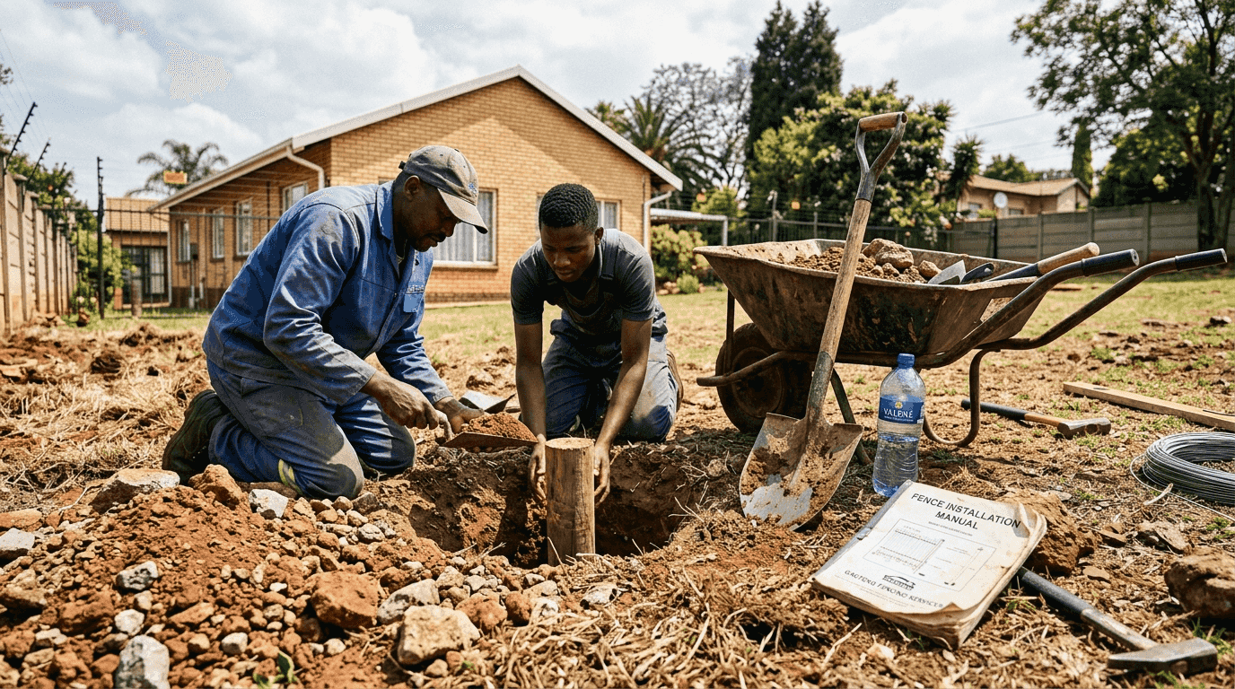 Workers preparing ground for fence installation