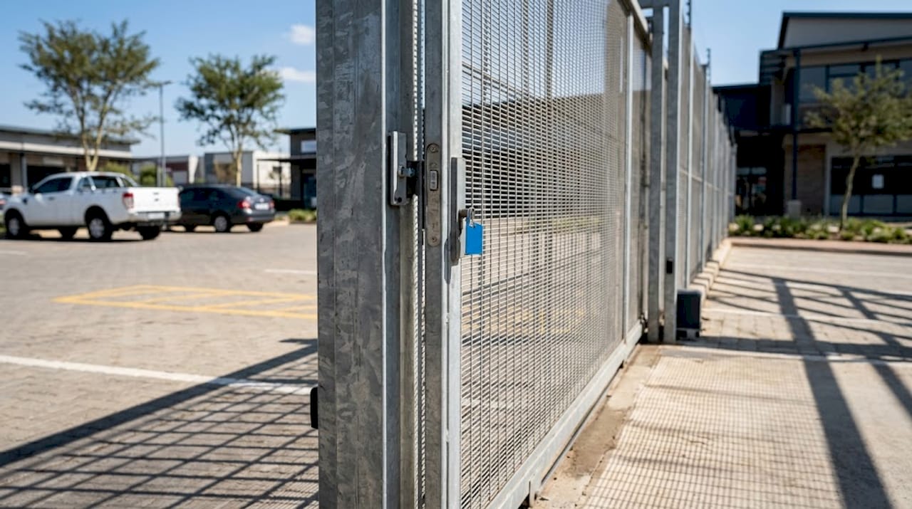 Detail of mesh anti-climb security gate