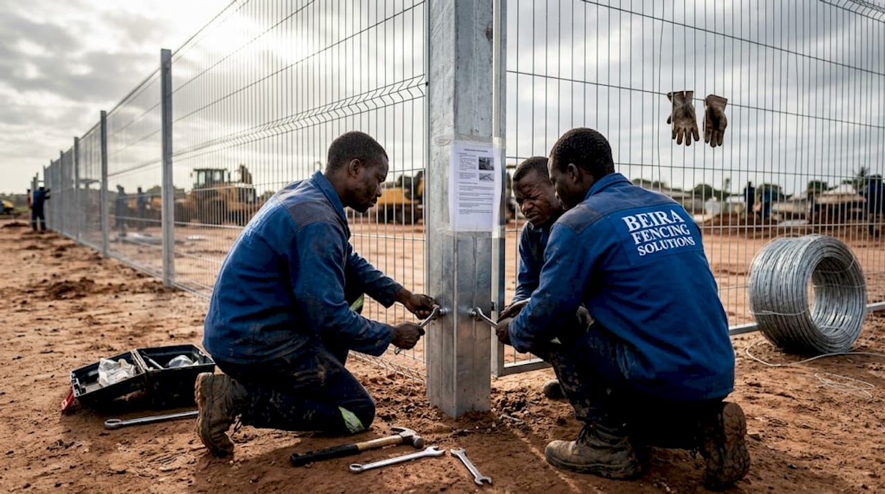 Technicians installing security fence on site