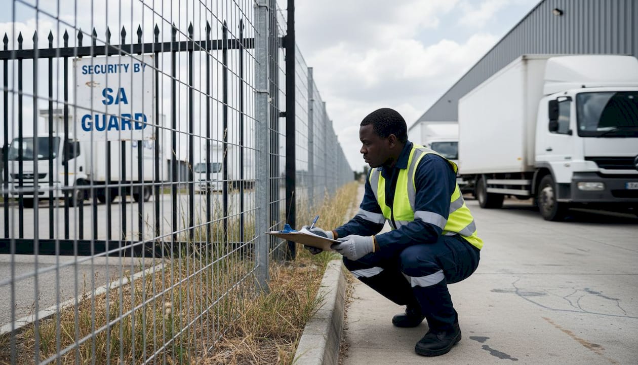 Technician inspects clear view commercial fencing
