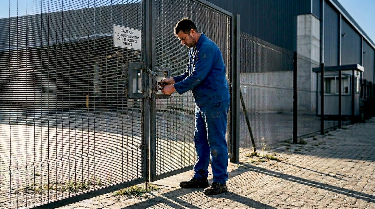 Foreman checks lock on industrial facility fencing