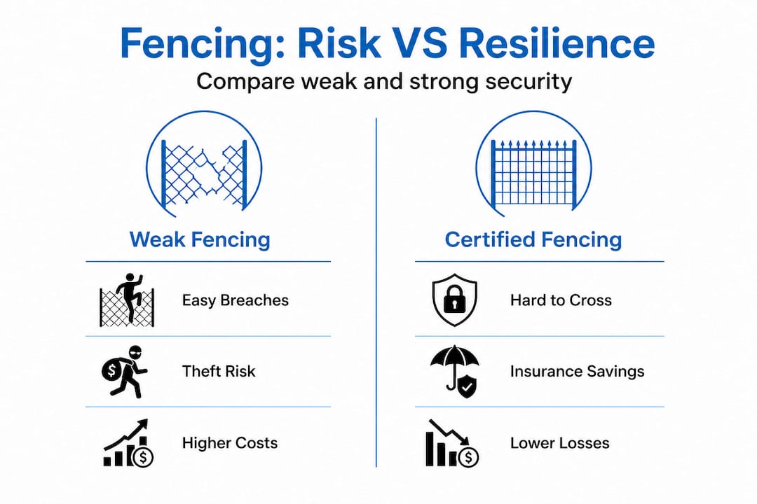 Infographic comparing weak versus certified fencing in logistics