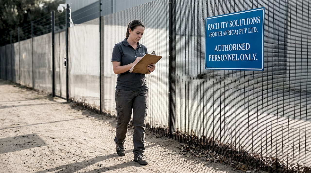Inspector examines anti-cut mesh property perimeter