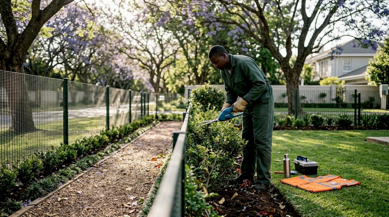 Groundskeeper maintaining landscaping near clear fence