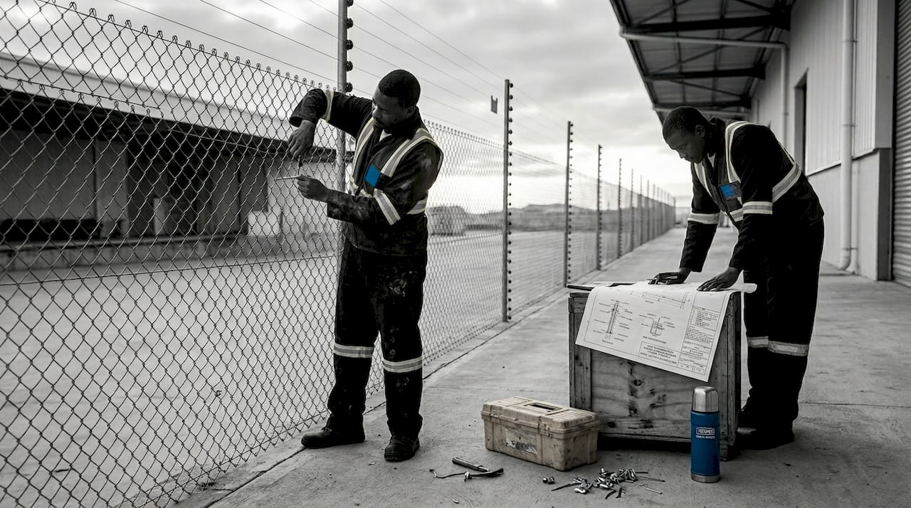 Technicians installing electric fencing at warehouse