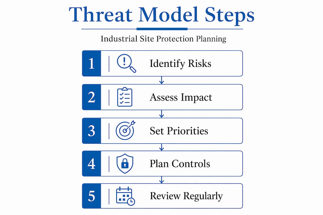 Infographic with five vertical threat model steps