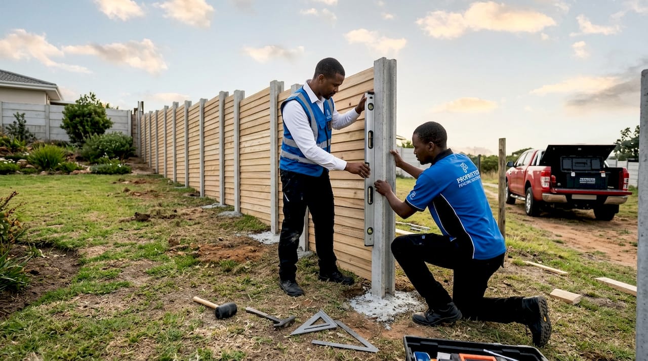 Crew installing racked fence on sloped ground