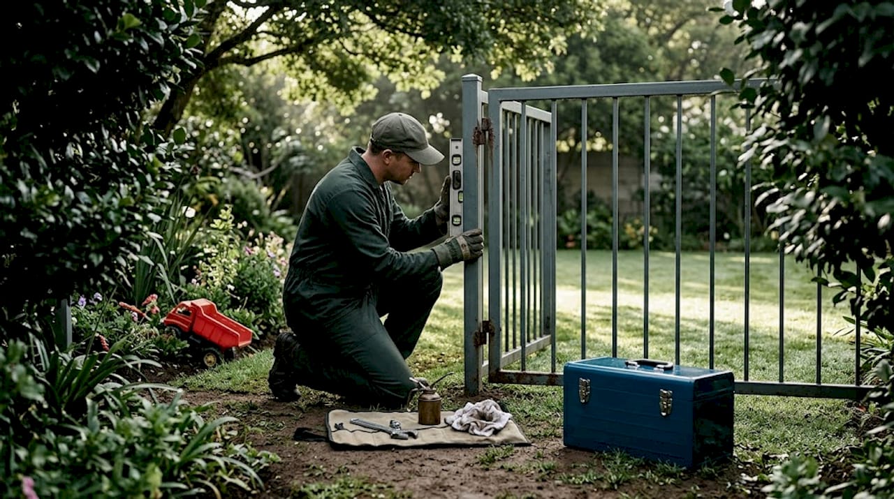 Technician inspecting durable metal gate