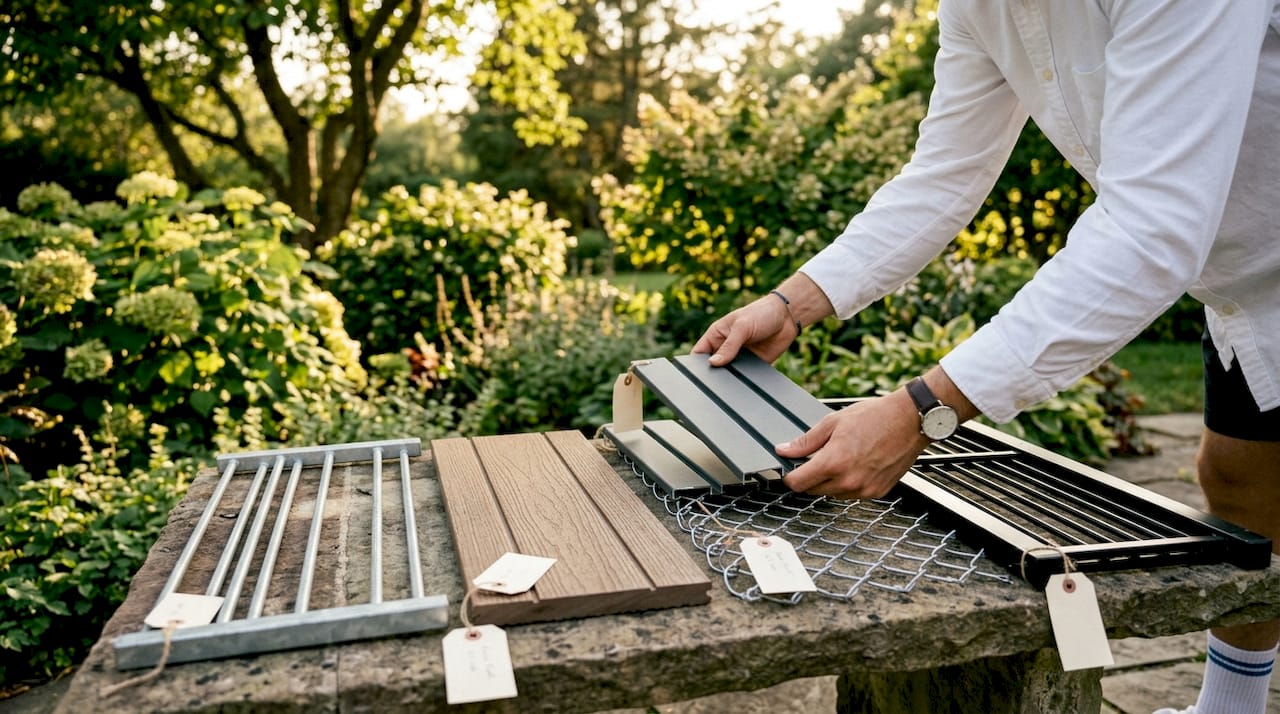 Hands comparing weather resistant fencing materials outdoors