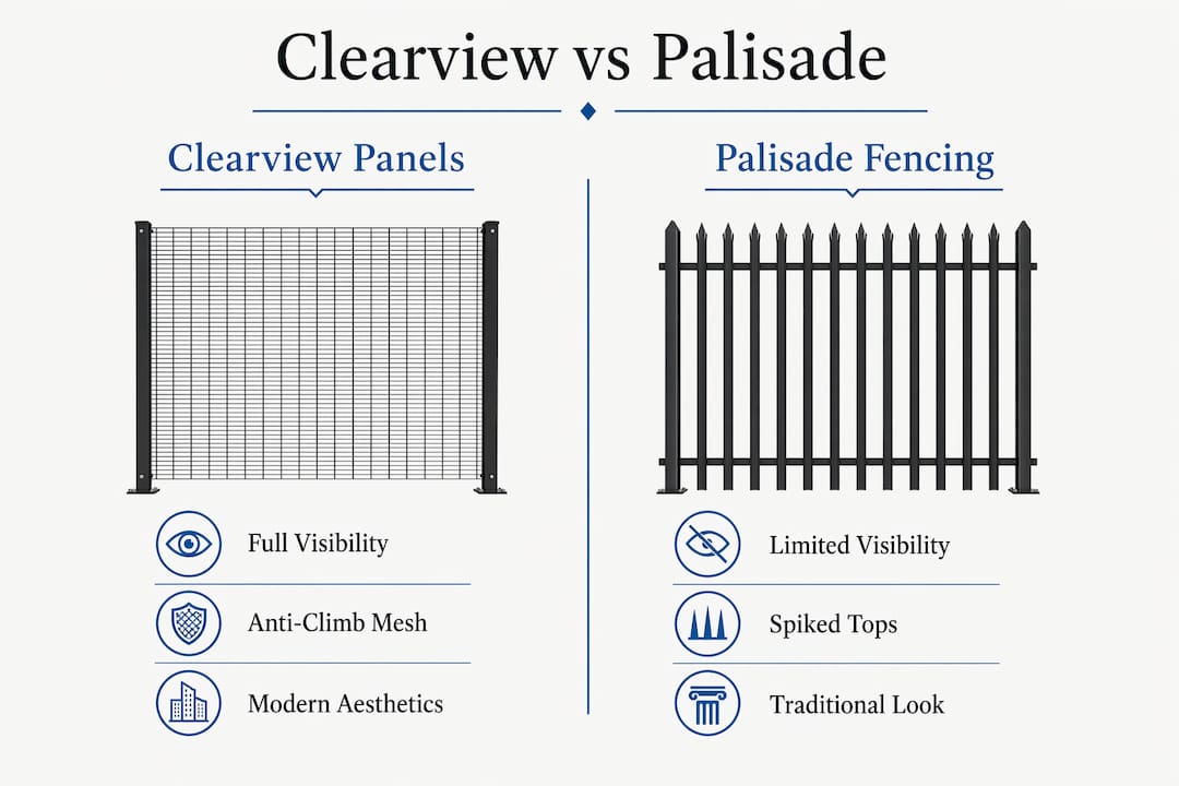 Infographic comparing clearview and palisade fencing