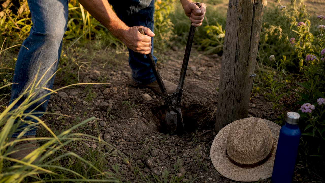 Hands digging fence post hole outdoors