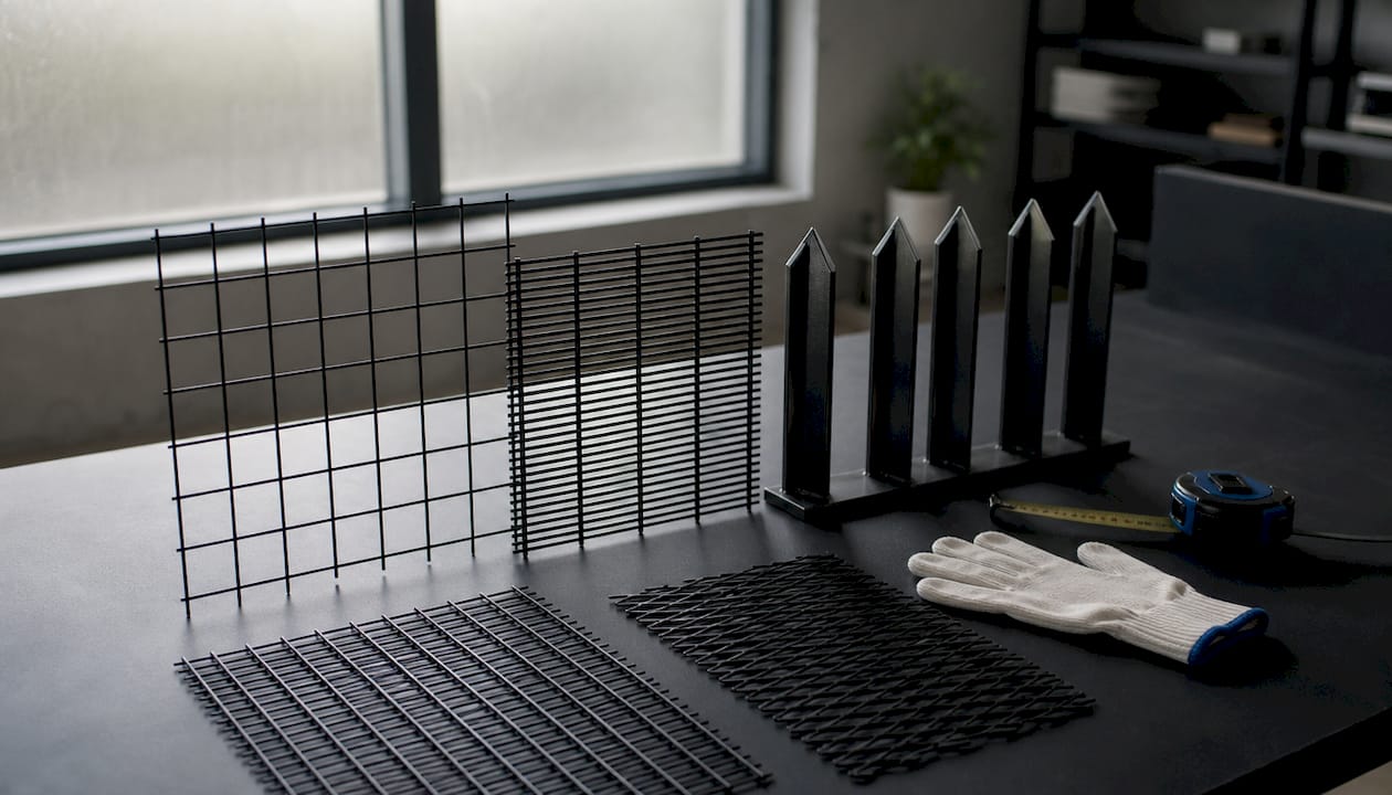 Overhead close-up of metal fence samples and tools