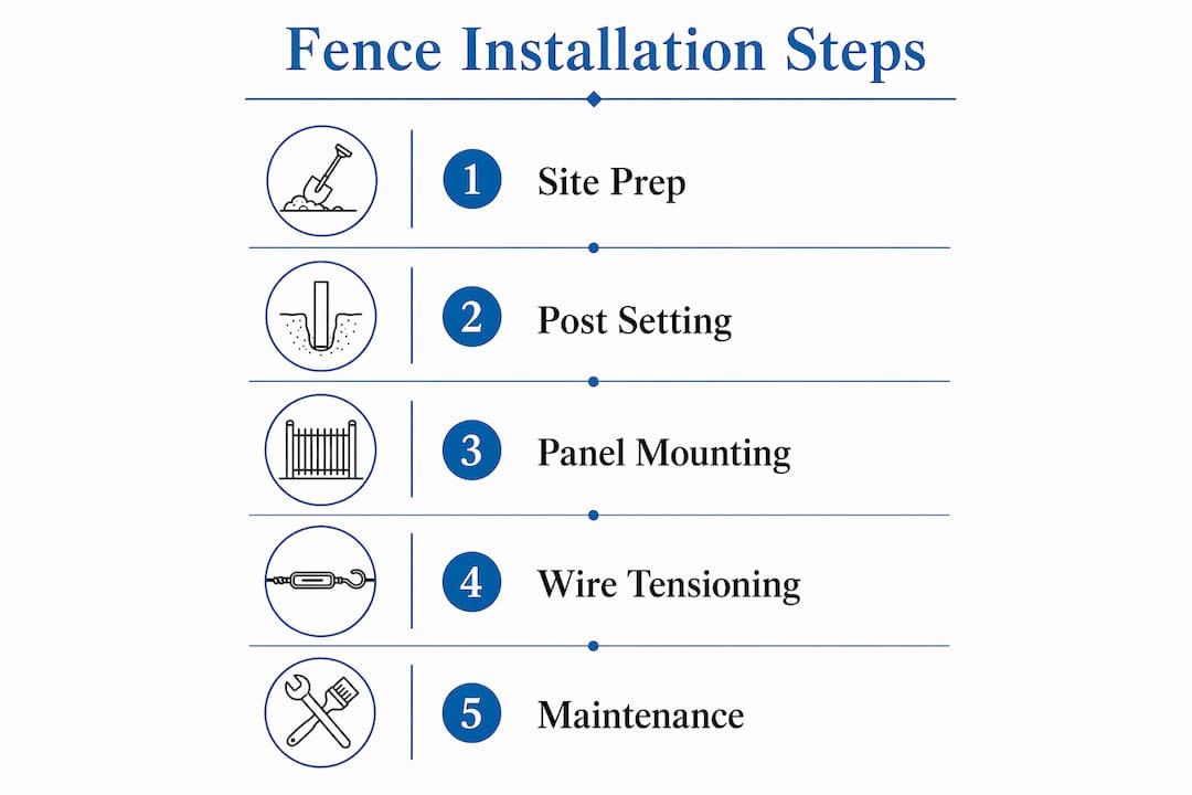 Infographic of metal fence installation and maintenance steps
