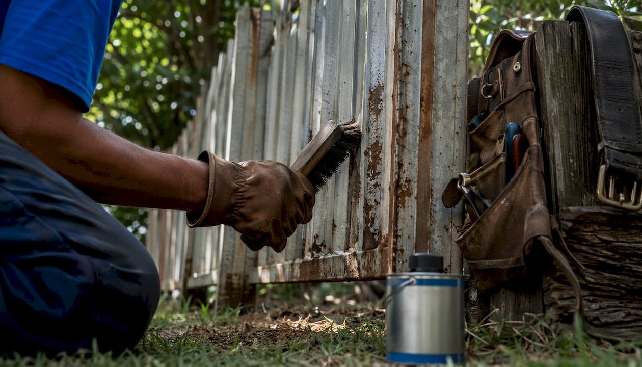 Hands cleaning rust from metal fence
