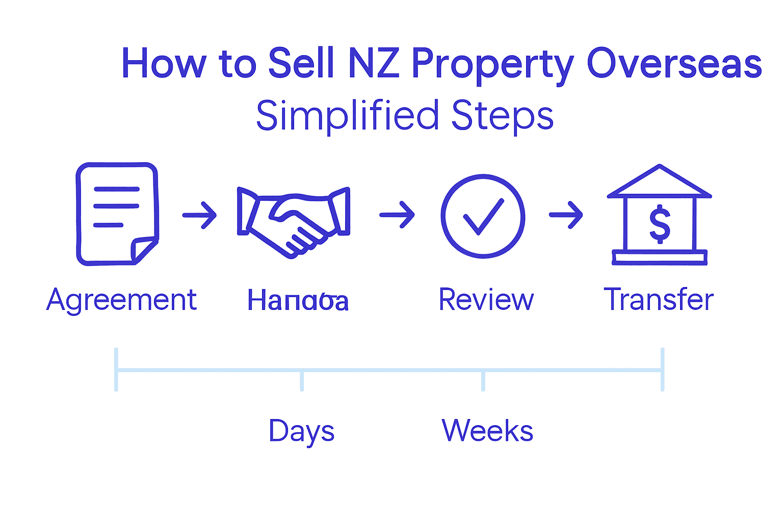Infographic showing the 5 steps to selling New Zealand property from overseas with icons for each stage