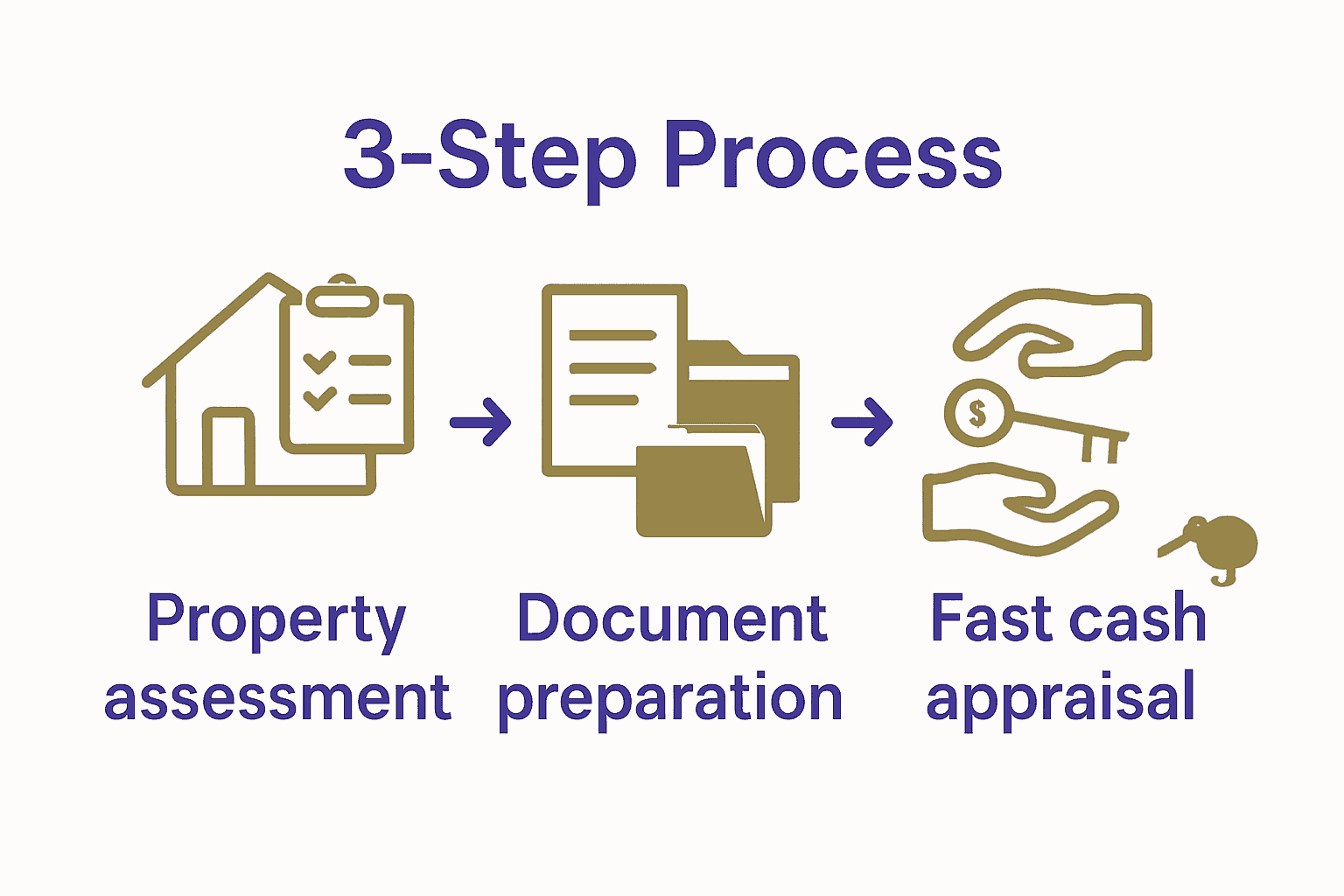 Infographic showing NZ property selling process: assessment, documentation, appraisal.