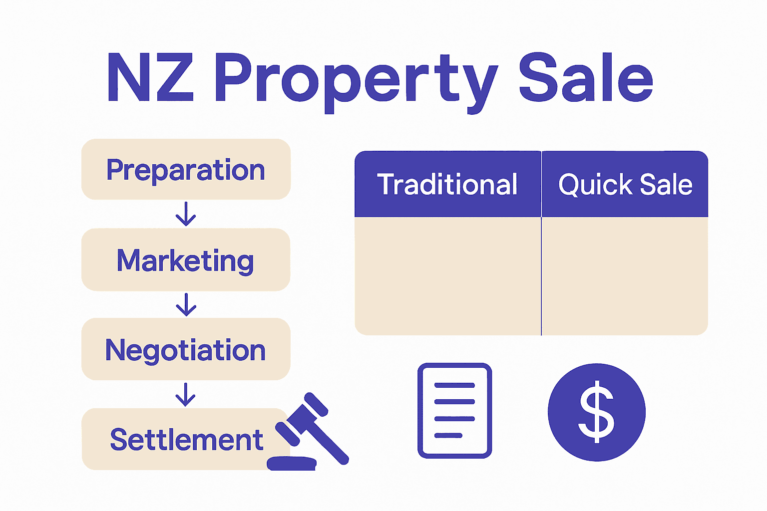 Step-by-step NZ property sale flowchart with comparison chart