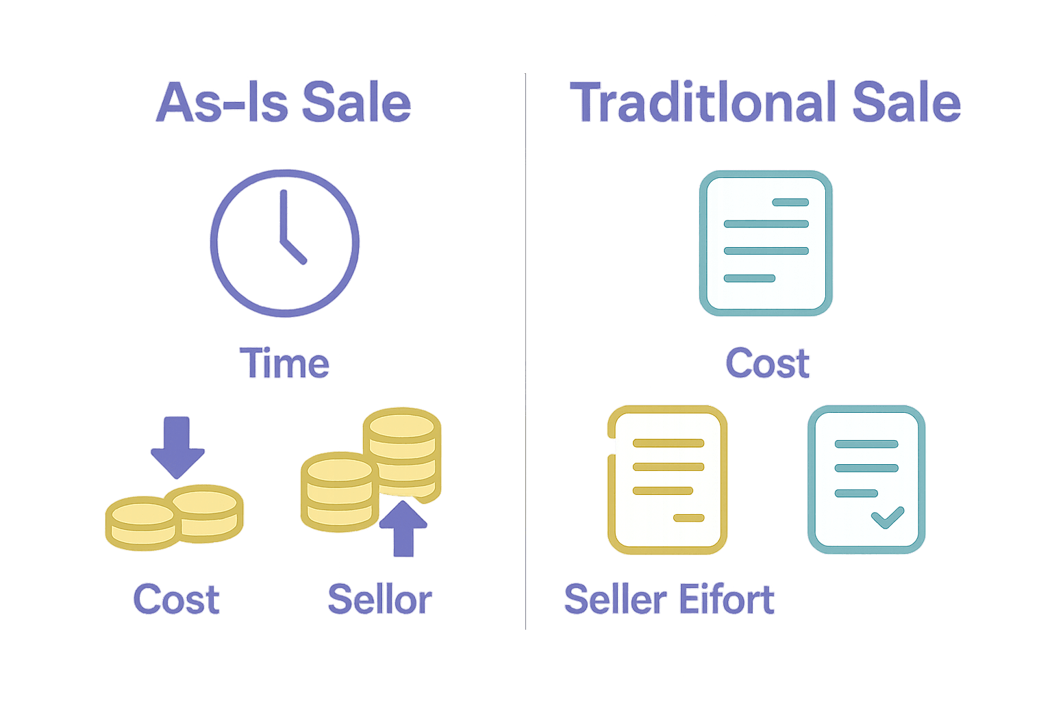 Comparison of as-is property sale versus traditional sale for costs, time, and seller effort.