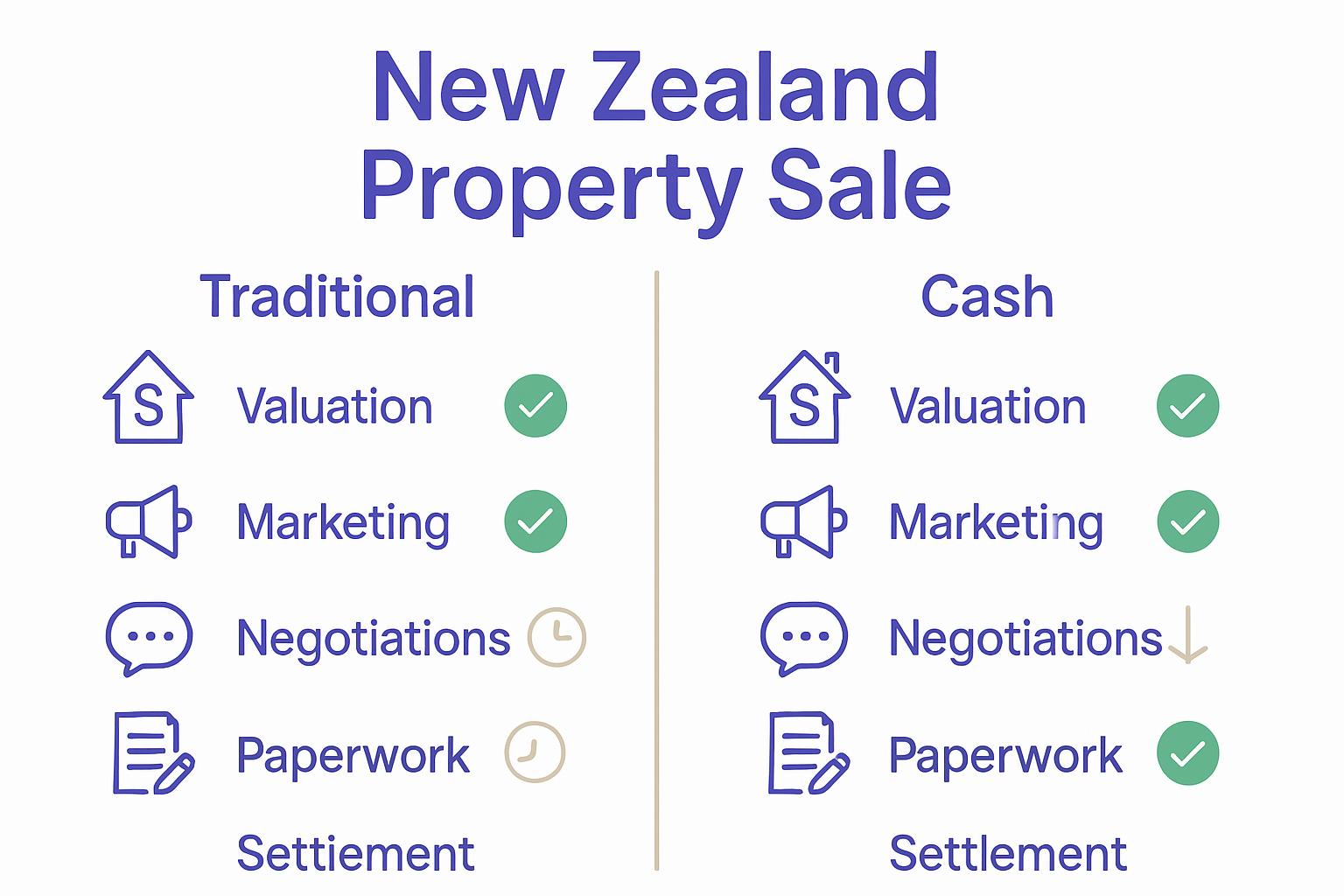 Infographic comparing traditional and cash home sale processes in NZ.