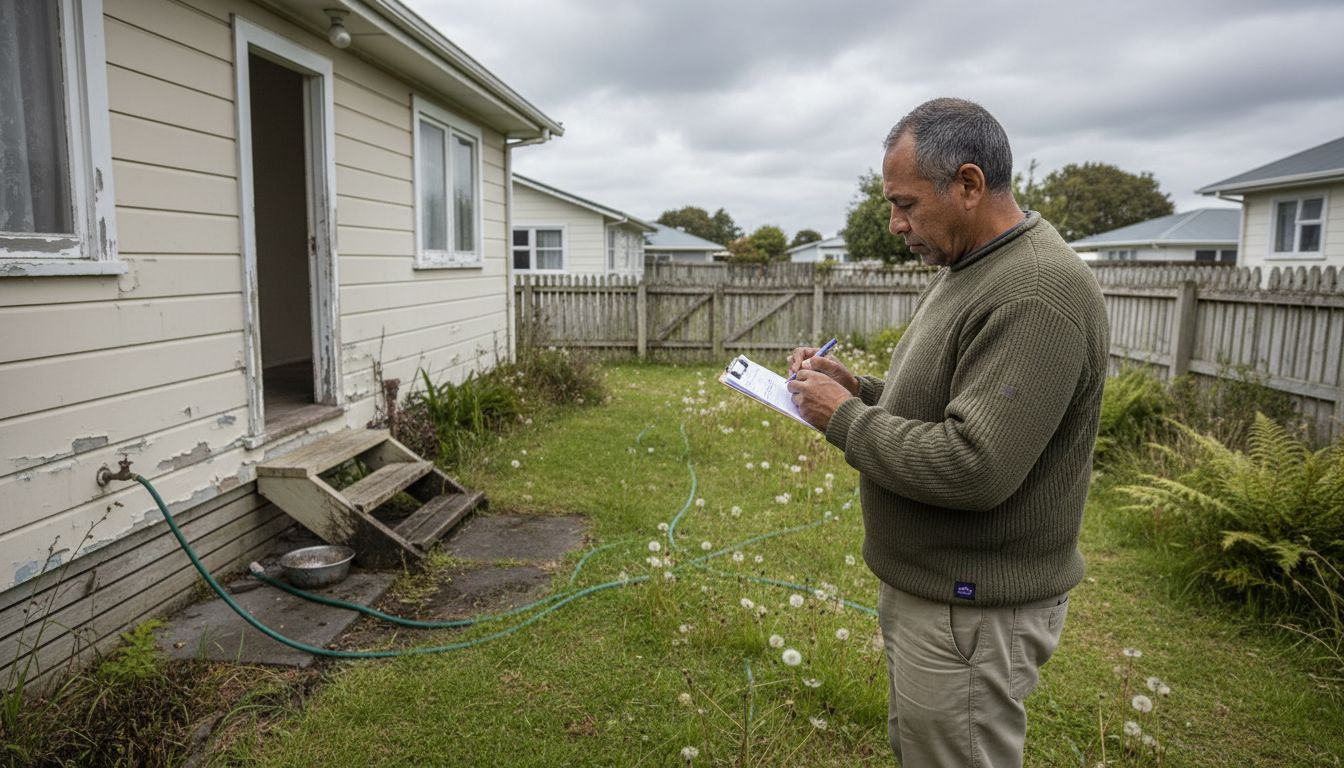 Property buyer inspects overgrown New Zealand backyard