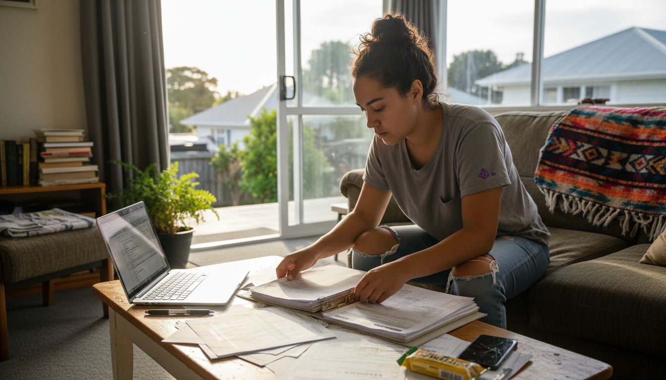 Preparing property documents on cluttered table