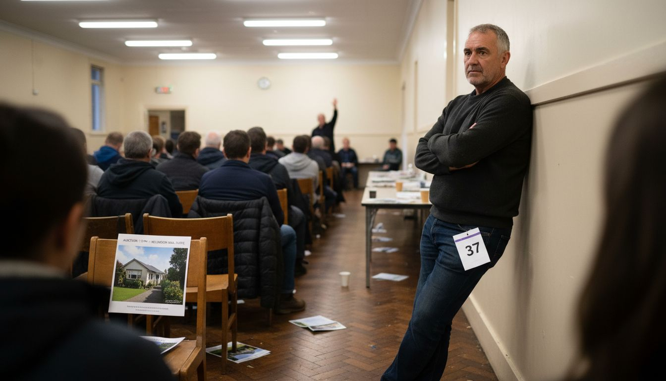 Sole homeowner observing tense property auction