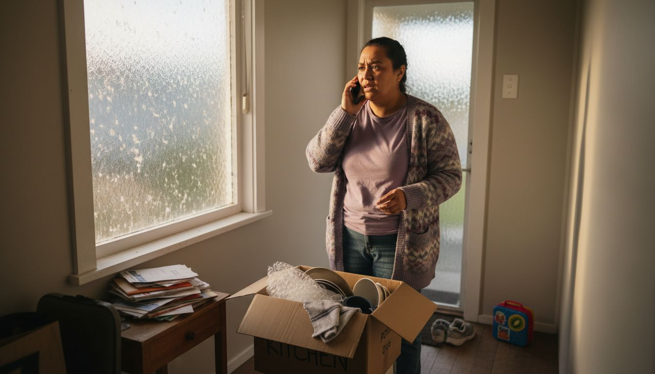 Urgent home sale scene with moving boxes