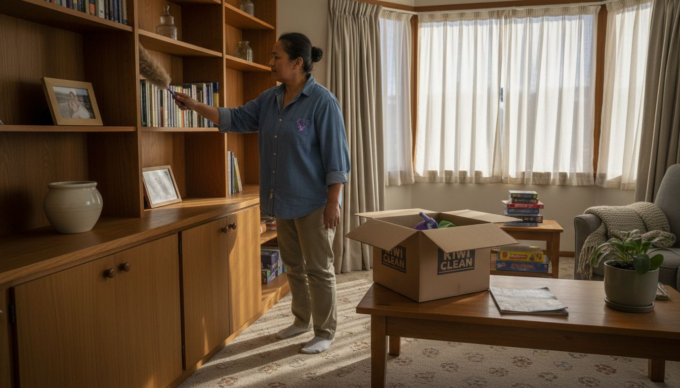 Homeowner cleaning lounge for property viewing