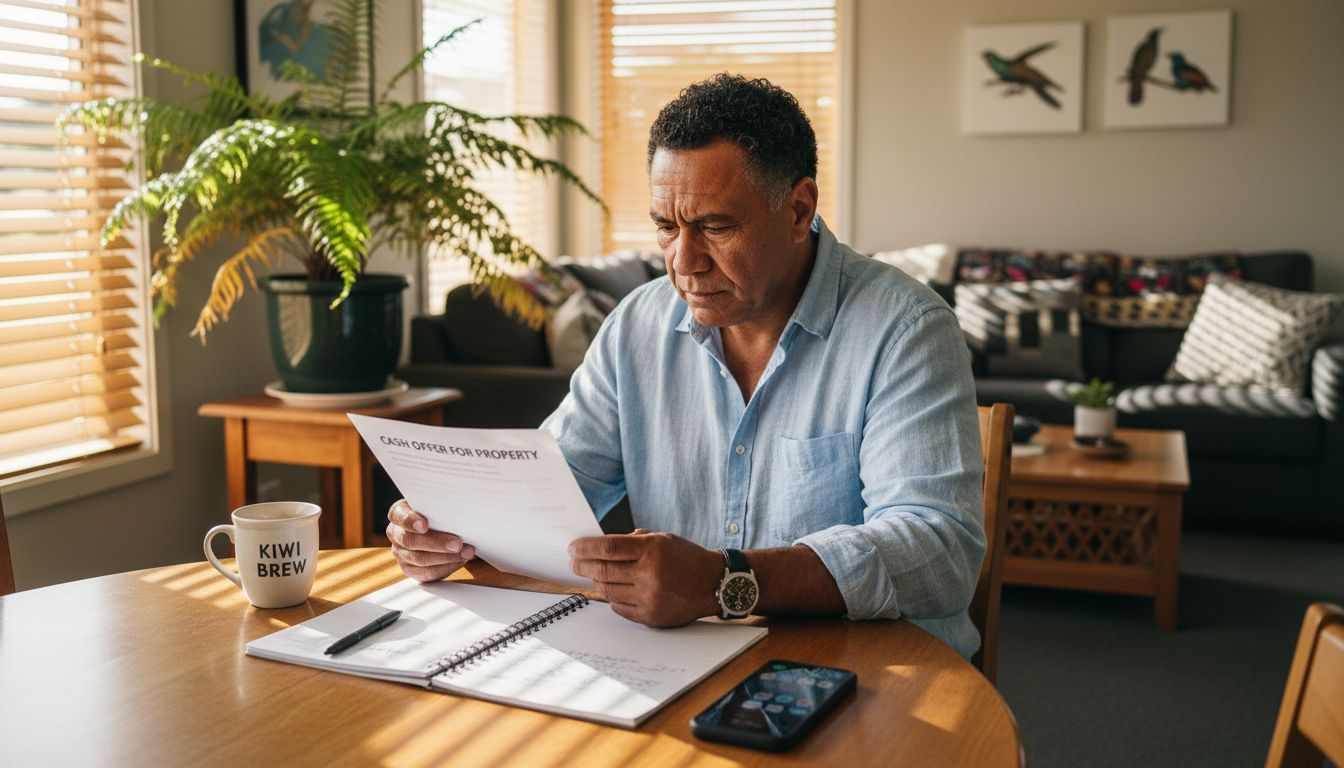 Homeowner reading cash offer with documents