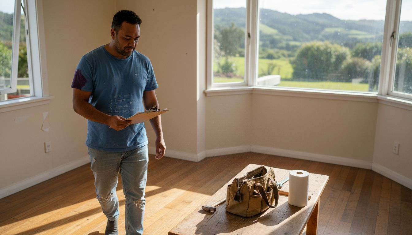 Owner assessing house repairs with checklist