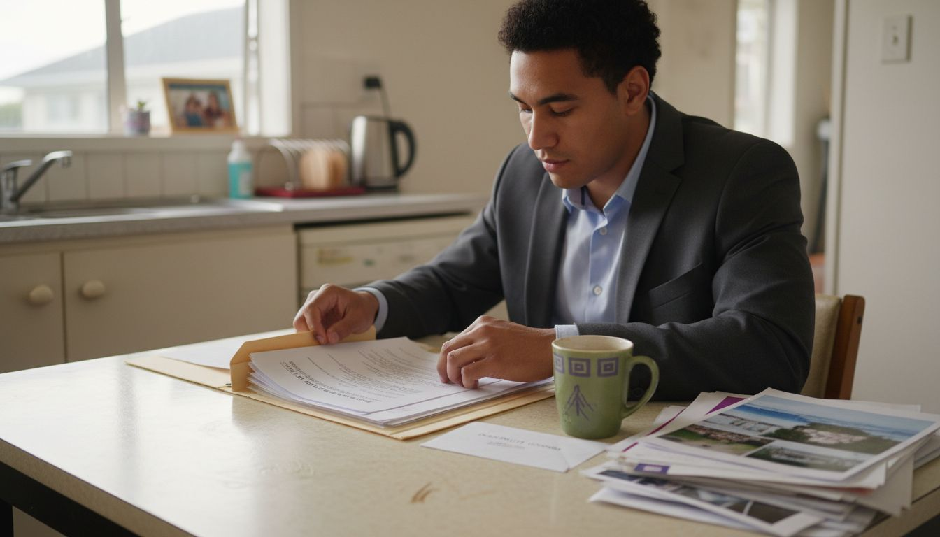 Man preparing property paperwork at kitchen table