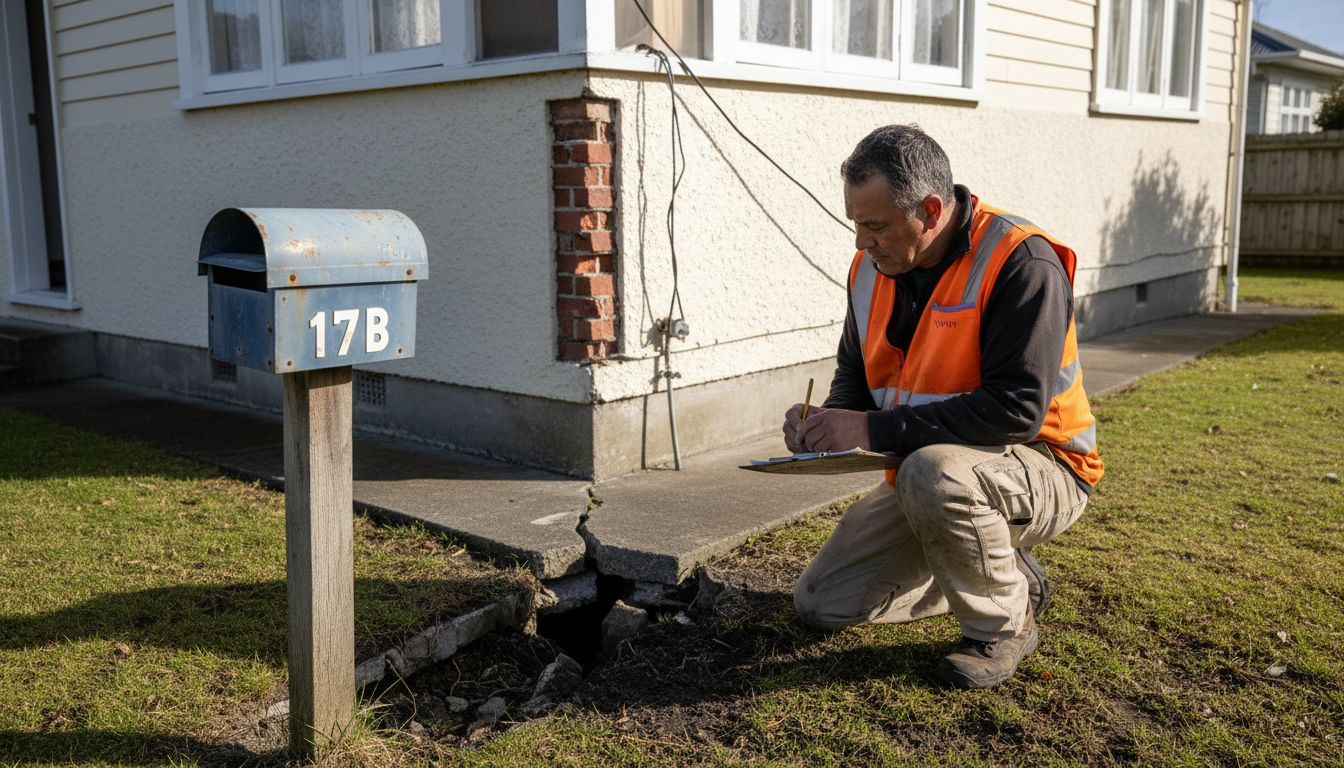 Inspector reviews earthquake house foundation cracks