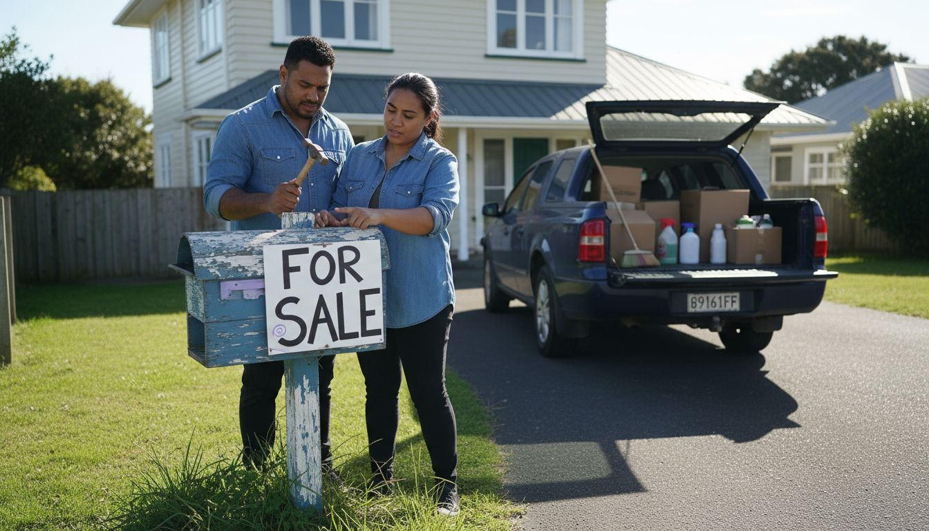 Couple posts For Sale sign at driveway