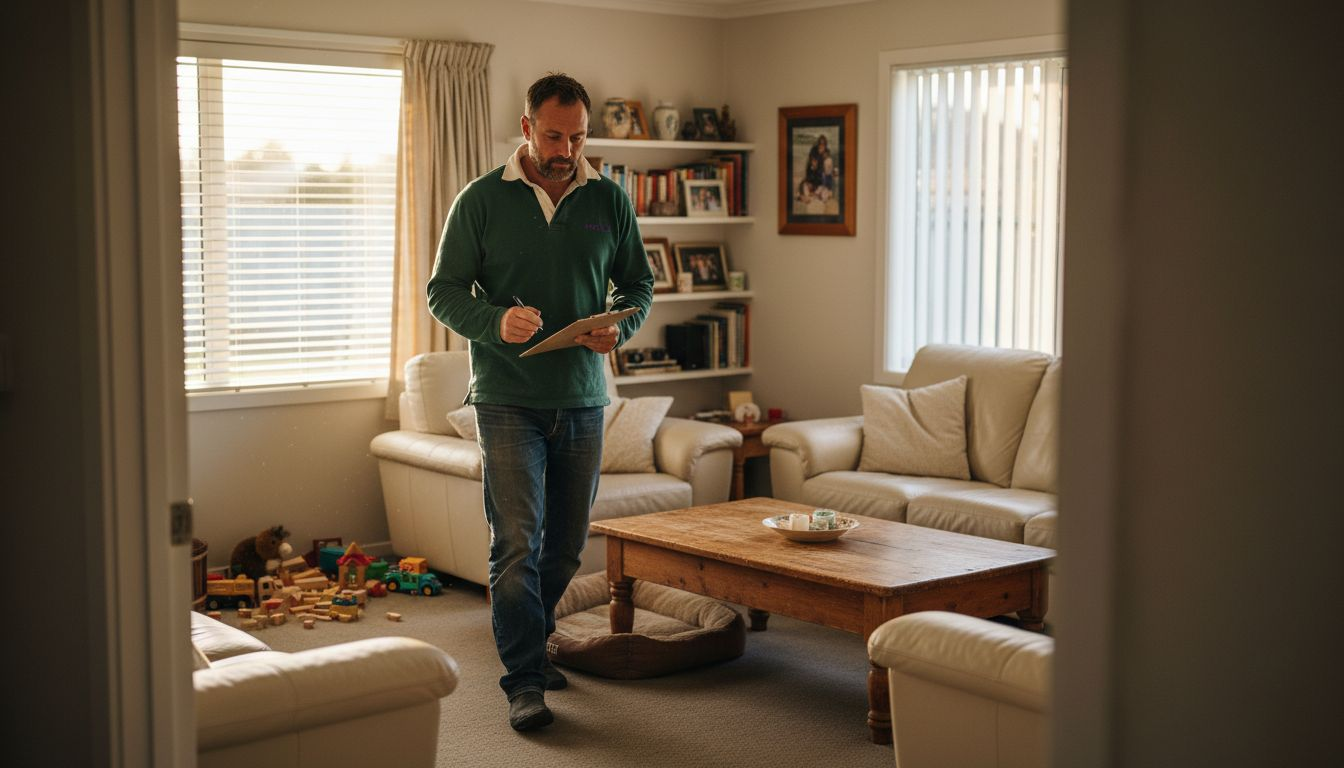 Homeowner inspecting living room with checklist