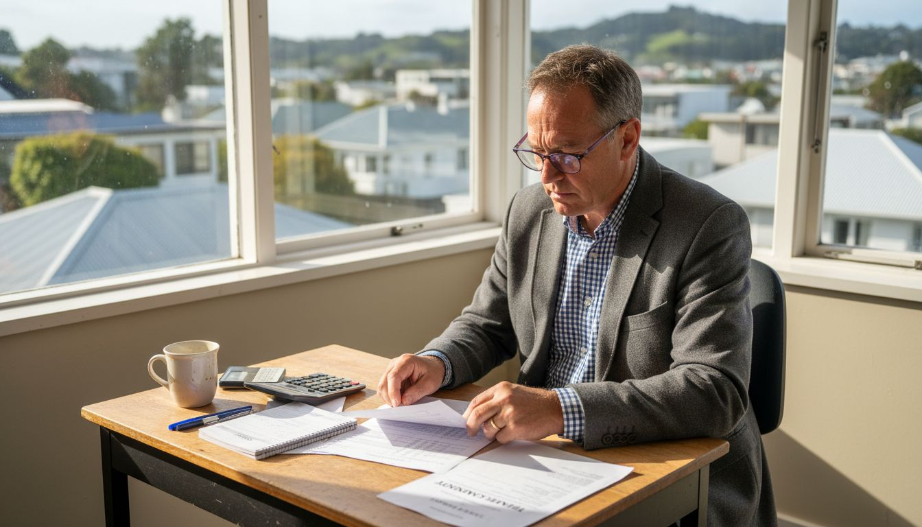 Investor reviewing paperwork in corner office