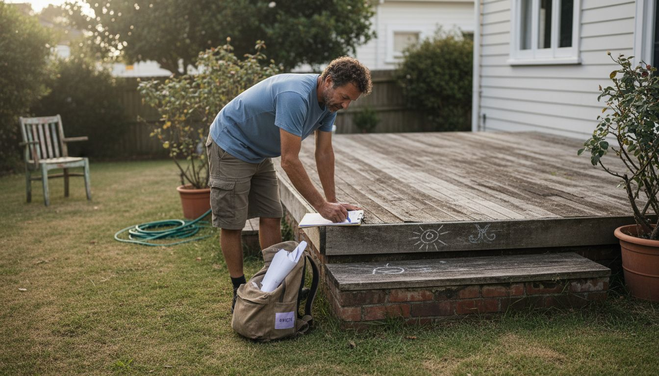 Cash buyer inspecting backyard property