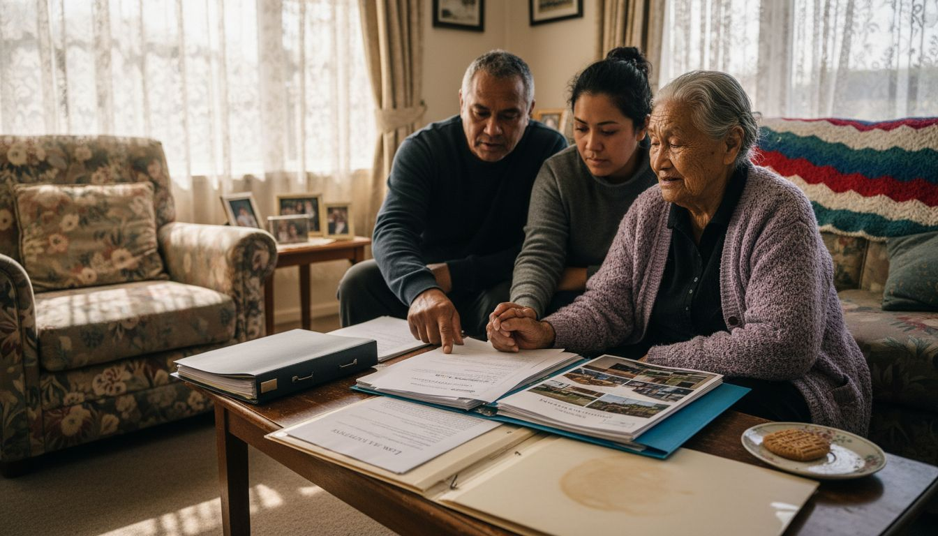 Family reviewing estate documents in living room