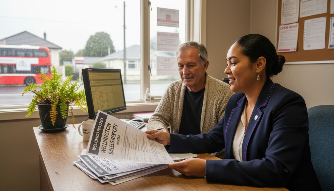Agent and sellers discuss property sales report