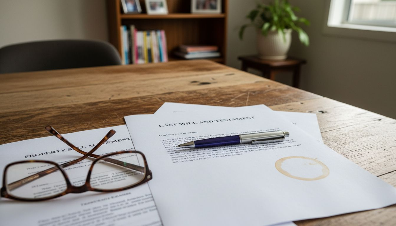 Estate documents and will with pen and glasses