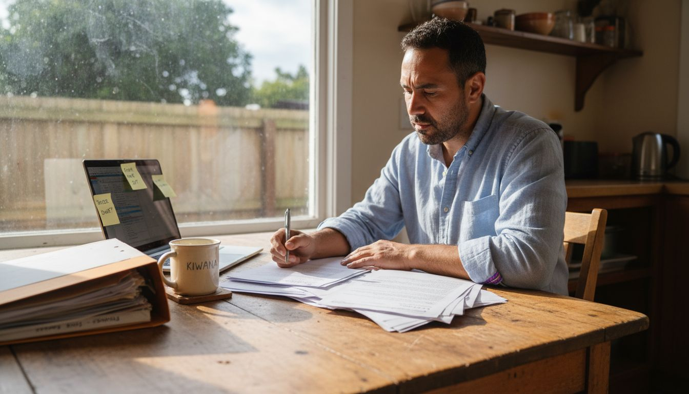 Investor reviewing sale papers at kitchen table