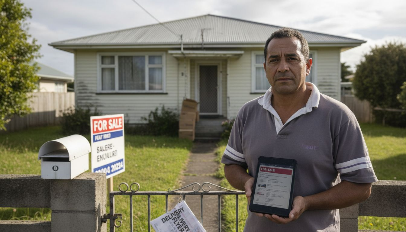 Homeowner checking listings outside for-sale house