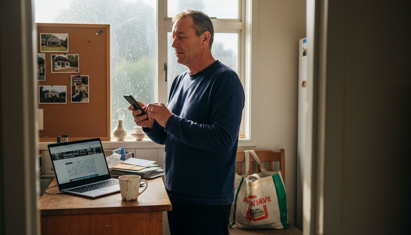 Homeowner negotiates property sale via phone in kitchen
