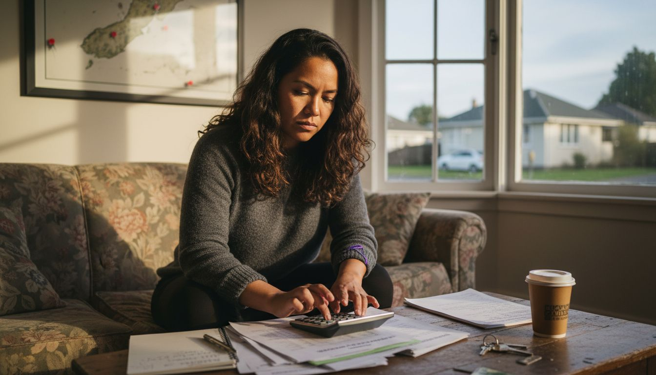 Woman calculating rental property income on sofa