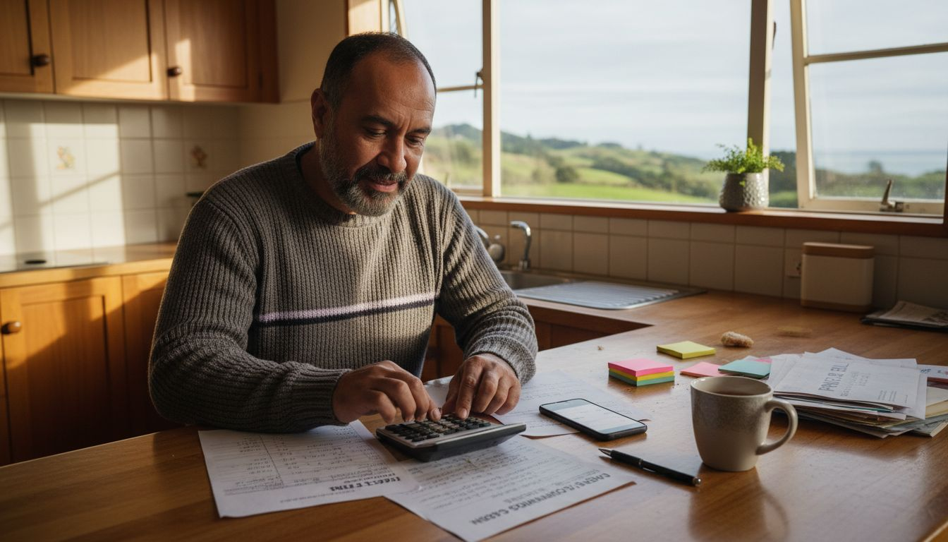 Homeowner calculating agent fee savings at kitchen counter