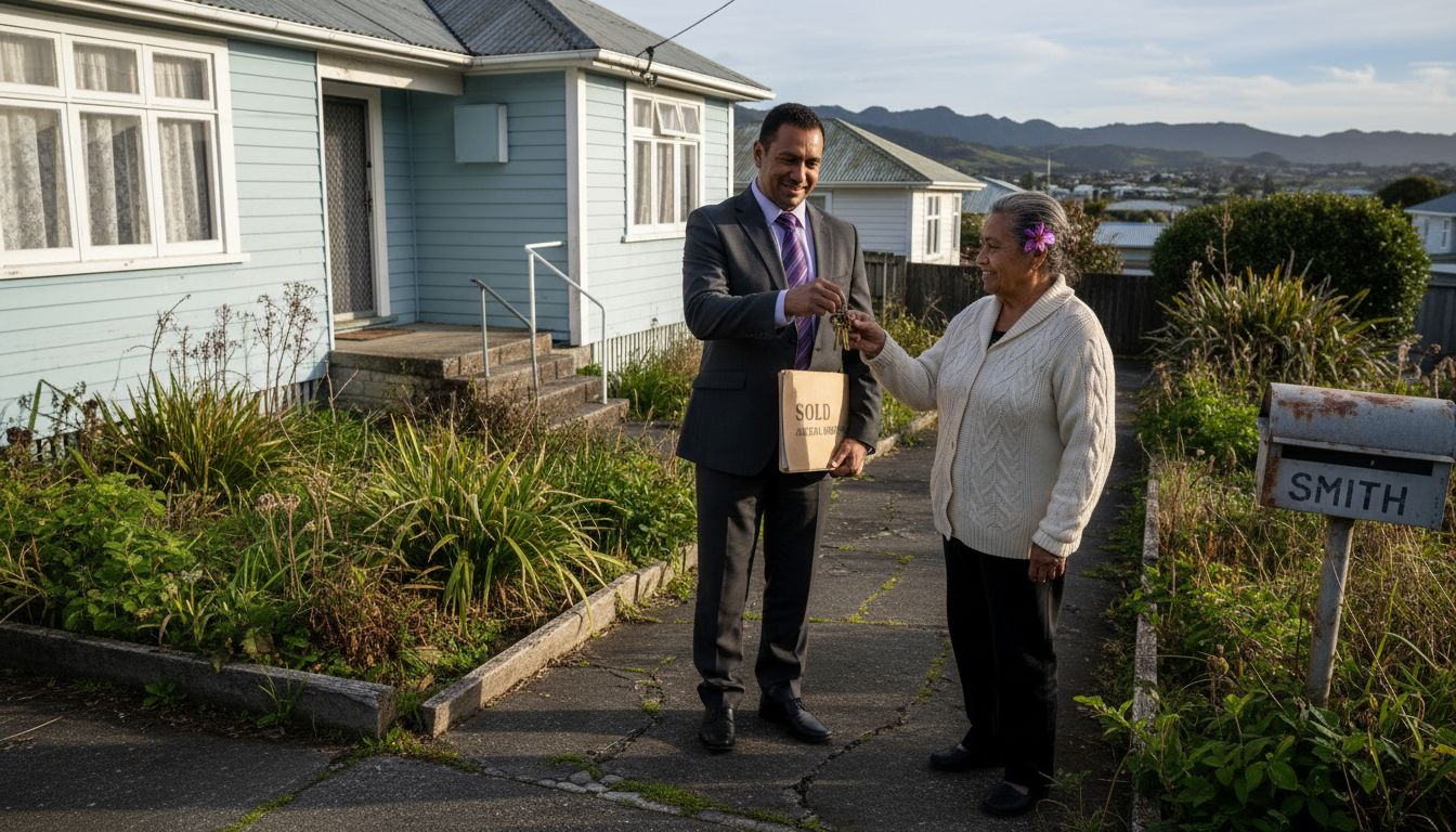 Real estate agent gives homeowner house keys outside