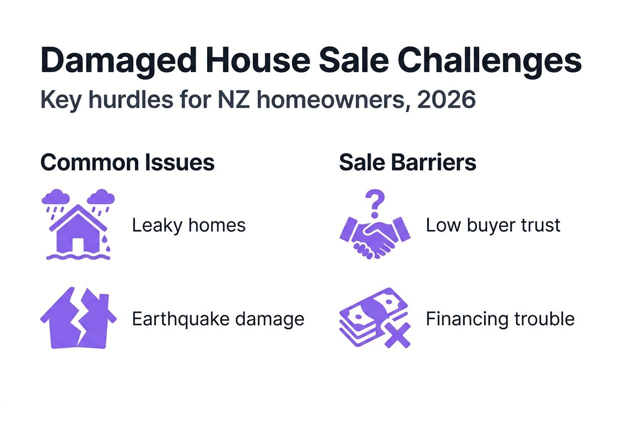 Infographic with damaged house sale challenges in NZ