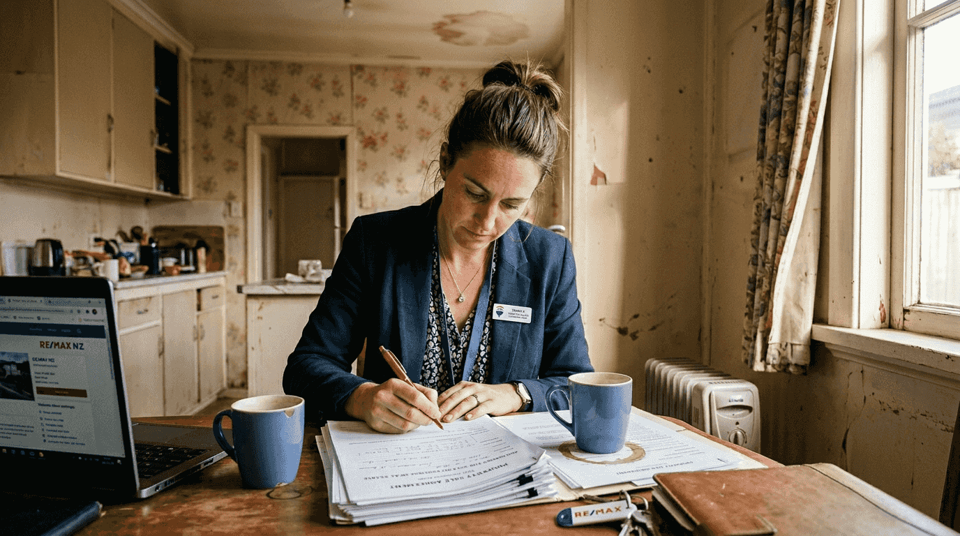 Agent signing damaged house sale documents
