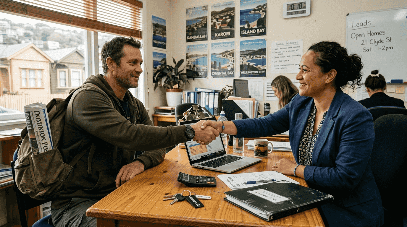 Agent and seller shaking hands over cash offer paperwork