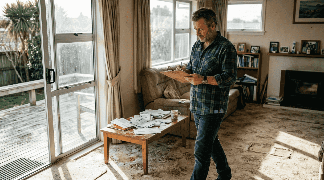 Homeowner inspecting living room for issues